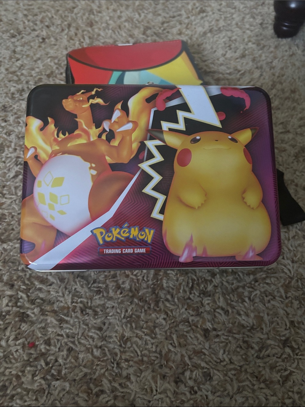 Pokemon Tin Case with Yellow Pikachu and Orange Charizard Artwork